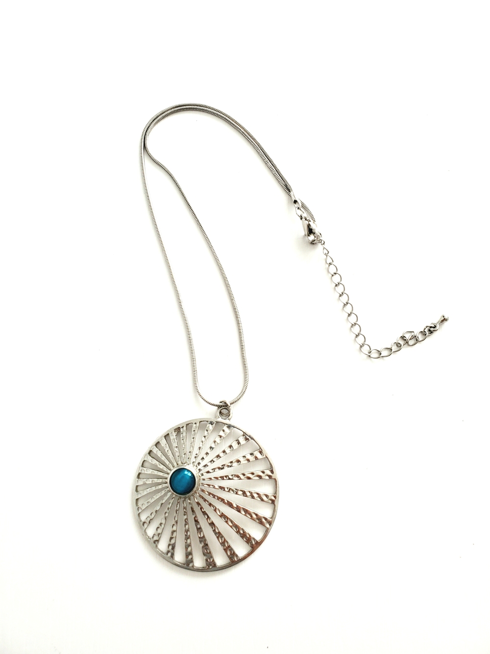 Silver Sunburst Pendant Necklace with Turquoise Accent